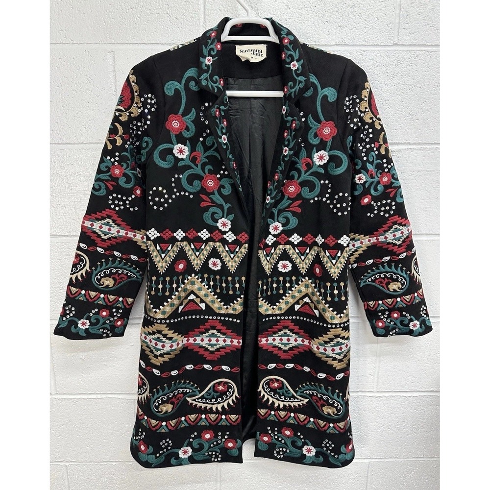 Savannah Jane Embroidered Floral Long Duster Jacket Black Multicolor Floral / M